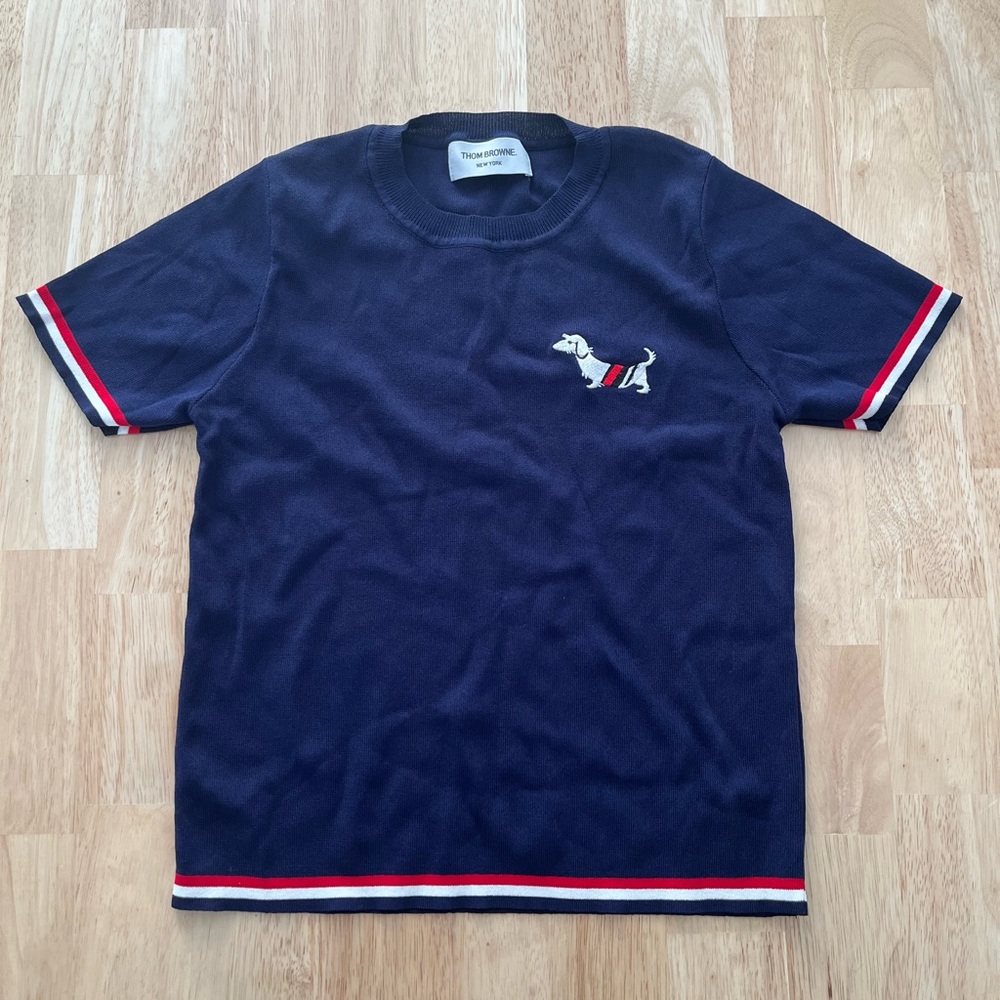 Thom Browne Navy Knit Crop Top with Tricolor Trim